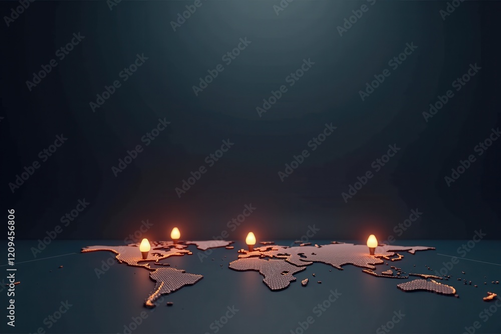 Poster abstract world map with glowing markers: a creative visual representation of global connectivity and
