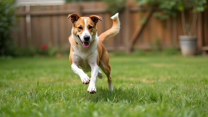 A cheerful, tan and white dog with floppy ears runs joyfully across a lush green lawn, tongue lolling in the breeze