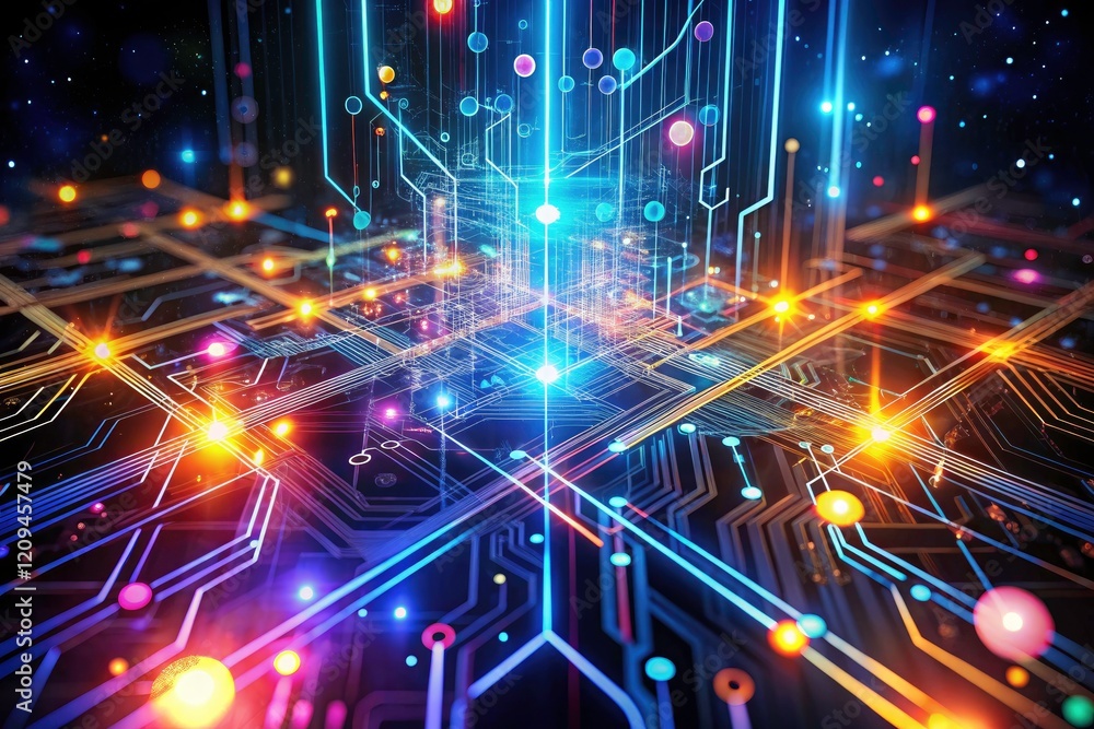 Poster minimalist digital art depicts a high-tech computer network, showcasing seamless communication and d