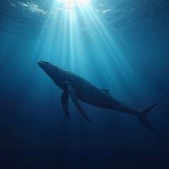 Naklejka premium Close-up of whale swimming near ocean surface with sunlight filtering through water
