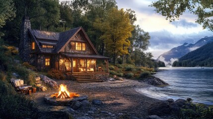 Fototapeta premium A rustic riverside house with wooden beams and a fire pit by the water for cozy nights.