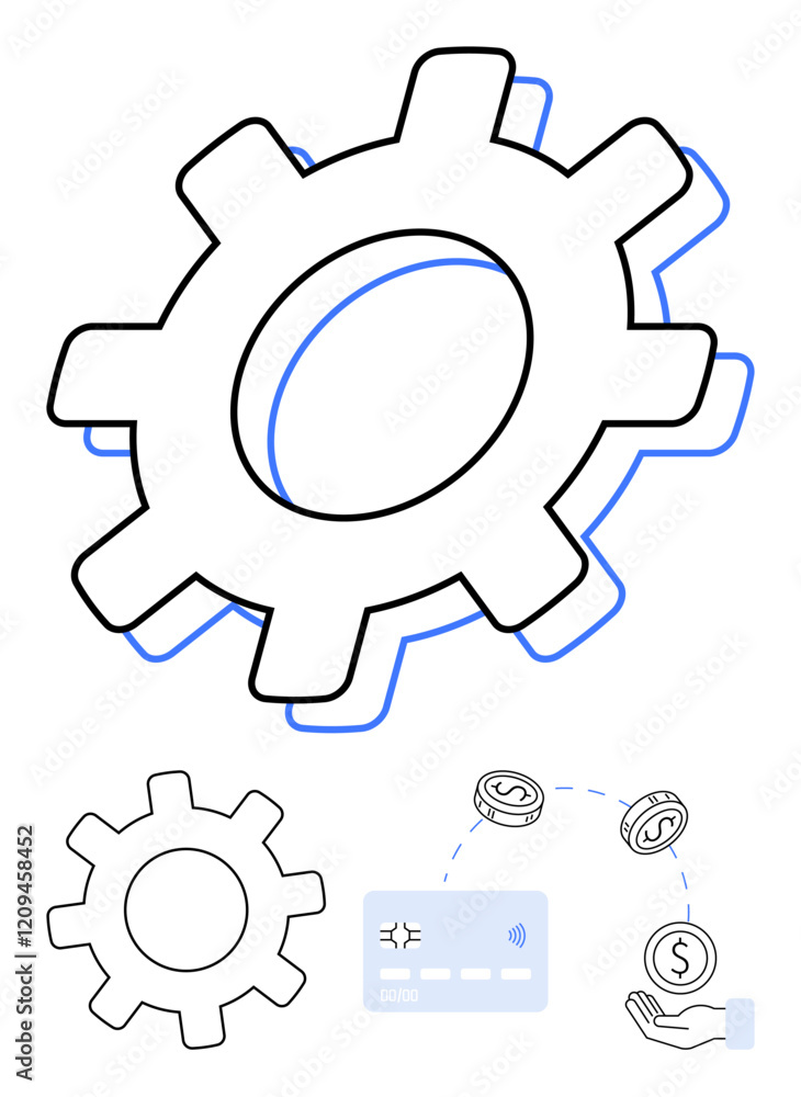 Poster abstract gear with currency symbols representing financial transactions and automation. ideal for fi