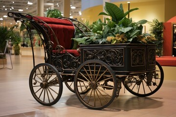 Fototapeta premium Elegant horse drawn carriage decorated with potted plants, creating a charming vintage display in a public space