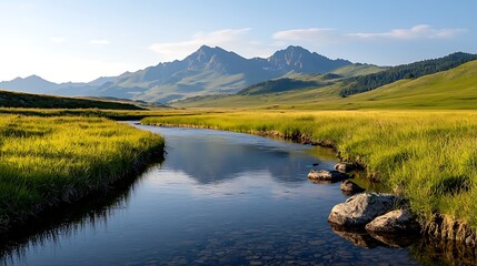 Fototapeta premium Calm mountain river reflecting peaks, summer meadow. Nature, travel, serenity