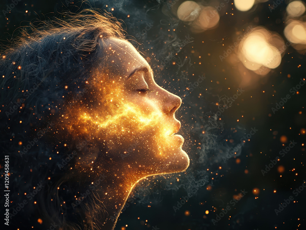 Aufkleber surreal representation of personal transformation with a figure dissolving into a glowing cloud of e