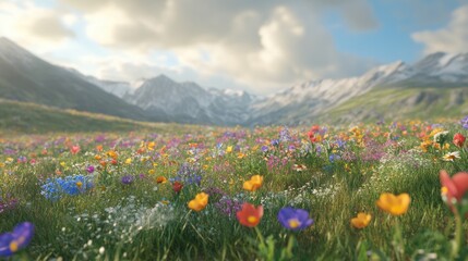 Vibrant flower field with mountains under a blue sky filled with fluffy clouds.