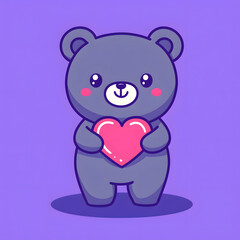 Obraz premium cheerful cartoon bear holding vibrant heart icon, showcasing love and joy. This adorable character stands against purple background, radiating warmth and happiness