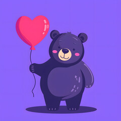 Fototapeta premium cheerful cartoon bear holding bright heart balloon, set against vibrant purple background. This adorable character radiates joy and warmth, perfect for children themes