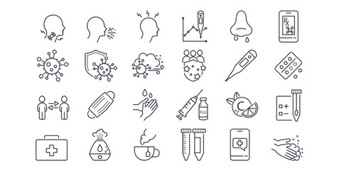 Viral infection, symptoms, treatment. Line icon set. Virus, Flu Test, sore throat, vitamin c, prescription, respiratory spread, hand washing, humidifier, cough, headache, runny nose, hot drink vector.