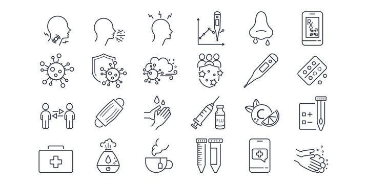 Viral infection, symptoms, treatment. Line icon set. Virus, Flu Test, sore throat, vitamin c, prescription, respiratory spread, hand washing, humidifier, cough, headache, runny nose, hot drink vector.