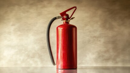Fototapeta premium A shiny fire extinguisher standing upright on a reflective white surface with a soft gray background