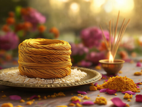 Sacred thread on brass plate with kumkum, turmeric, and flowers