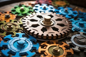 Close up of colorful interlocking gears, symbolizing teamwork, precision, and seamless operation