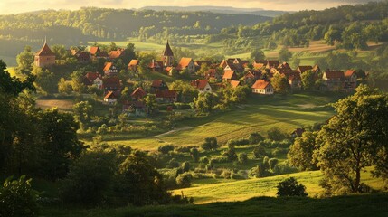 Picturesque Village Nestled in Rolling Hills