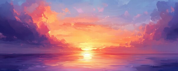 Fototapeta premium A tranquil sunset over a calm ocean, the sky ablaze with hues of orange, pink, and purple.