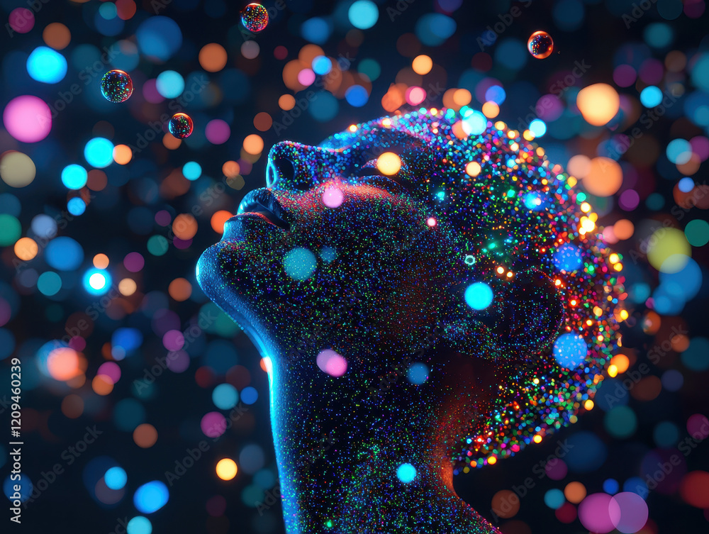Poster surreal transformation of a mind embracing light and color while releasing negative thoughts as orbs