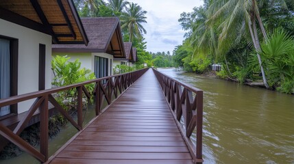 Serene Boardwalk on Waterway with Tropical Villas Surrounded by Nature
