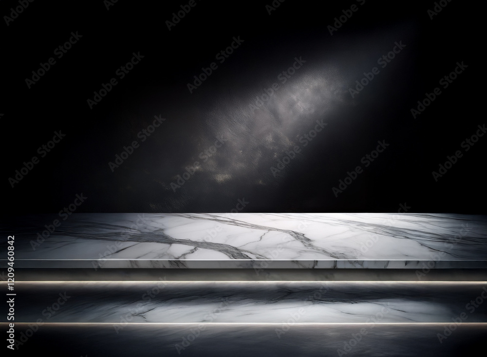 Poster a sleek, dark marble tabletop with subtle veining is dramatically lit from above, creating a high-co