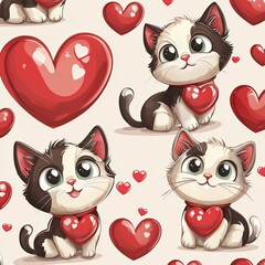 Fototapeta premium Adorable Kittens and Hearts Seamless Pattern: A charming repeating pattern featuring cute black and white kittens holding red hearts, surrounded by more hearts. Perfect for Valentine's Day, textiles.