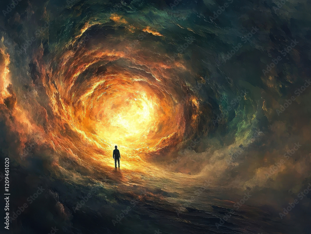 Aufkleber surreal visualization of recovery from depression with a figure escaping swirling clouds towards a b