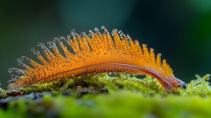 Dew Kissed Orange Feather Rests On Moss