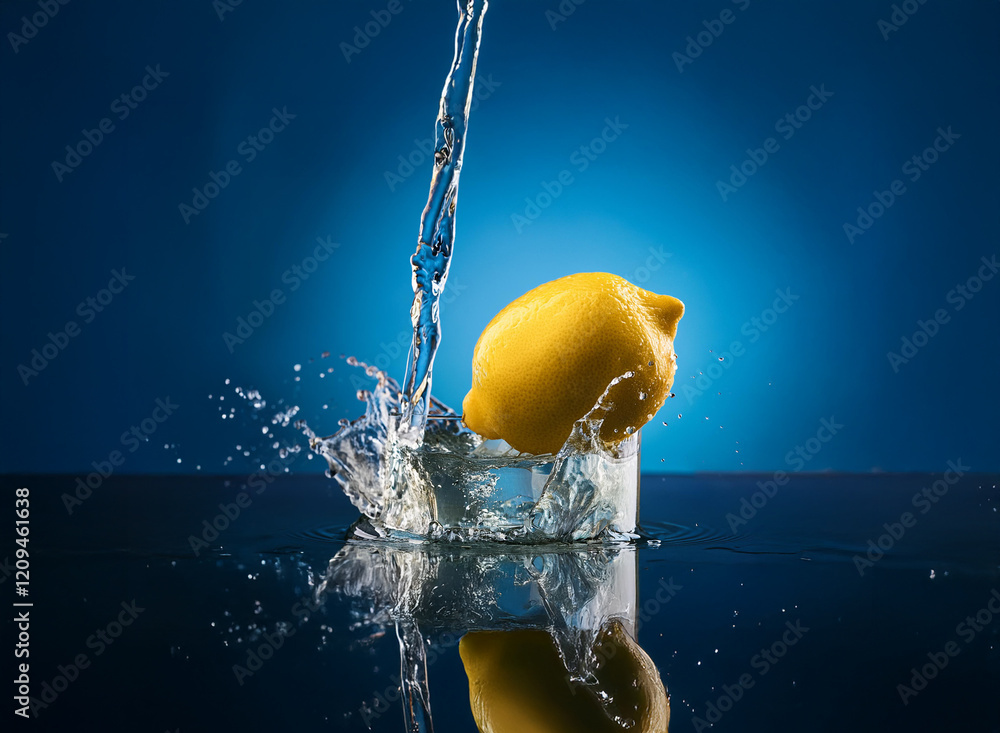Poster a vibrant yellow lemon plunges into clear water, creating a dynamic splash against a deep blue backd