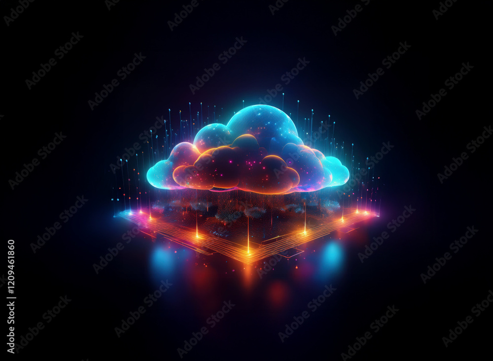 Poster glowing cloud-shaped digital data streams down to a vibrant server platform, symbolizing fast cloud 