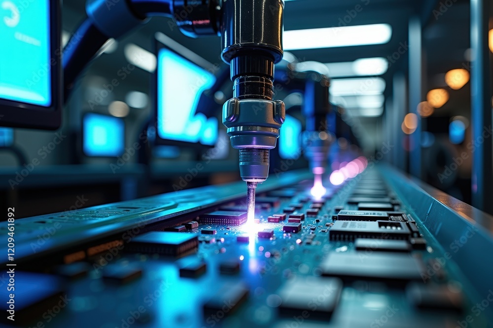 Poster high-tech manufacturing process: precision robotics and laser cutting in a modern factory environmen