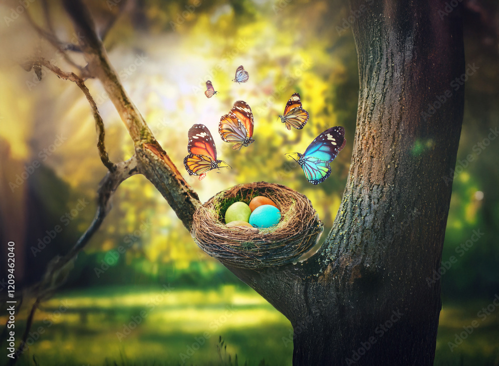 Poster a bird's nest holds colorful eggs, nestled in a tree branch. vibrant butterflies flutter around, bat