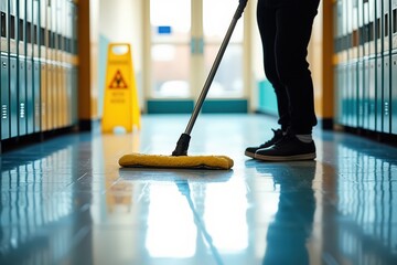 Professional Janitor Cleaning Floor in Modern School Hallway with Caution Sign for Commercial Use