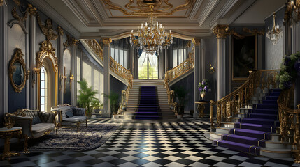 Living room interior design concept. The main room is Rococo style with luxurious interior design. A large chandelier hung from the ceiling, and the floor was covered in black and white tiles.