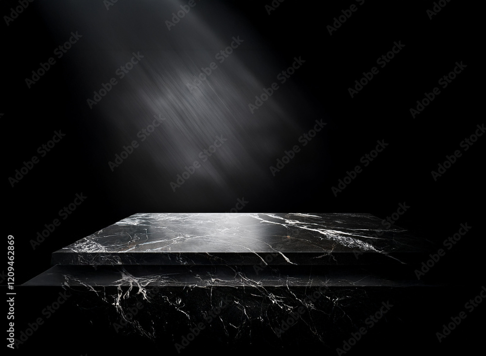 Poster a dramatic, dark marble platform is illuminated by a single, bright light source, creating a sleek a