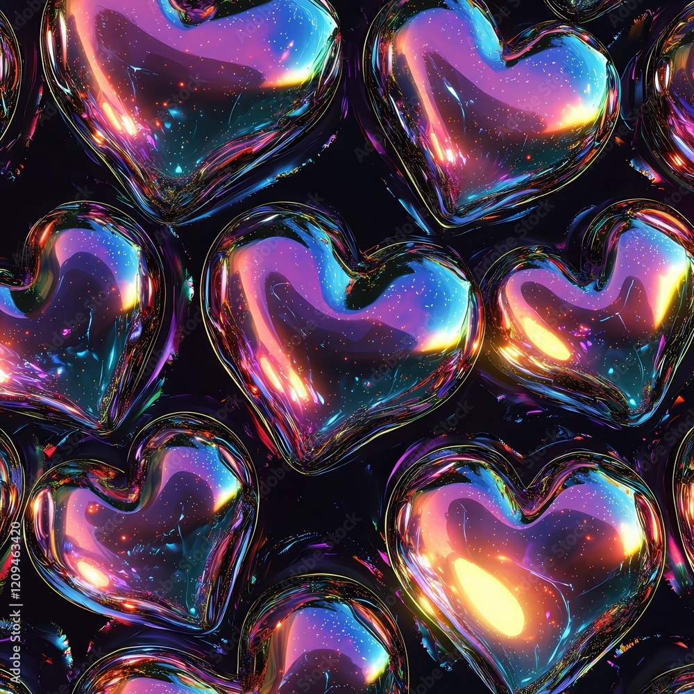 Poster holographic hearts: a mesmerizing pattern of holographic hearts shimmers and pulsates with iridescen