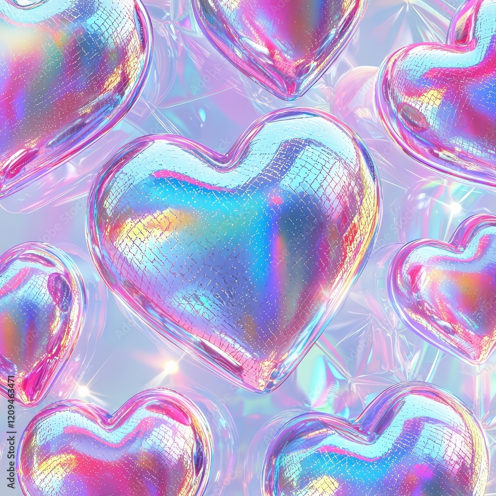 Poster holographic hearts: a mesmerizing array of iridescent, holographic hearts shimmer with an ethereal g