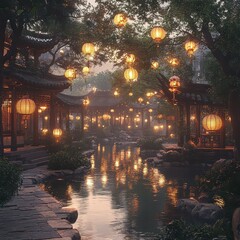 Obraz premium Serene Evening Scene with Lanterns by a Tranquil Waterway