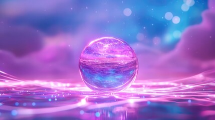 A luminous crystal sphere floating in a cosmic field, glowing with radiant energy threads connecting it to the universe