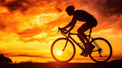 Obraz premium Silhouette of a cyclist riding on a mountain trail at sunset, with dramatic lighting in the background