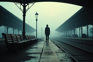 Mysterious Foggy Train Station: A Solo Traveler's Journey Through Atmospheric Ambiance and Serene Landscapes