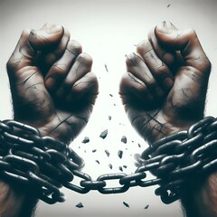 Hands breaking free from chains representing freedom and resilience in struggle. Generative AI