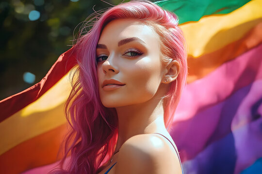 Beautiful lesbian model with pink hair and a rainbow flag at gay pride, pride month, coming out day, lgbt history month, Find a Rainbow Day