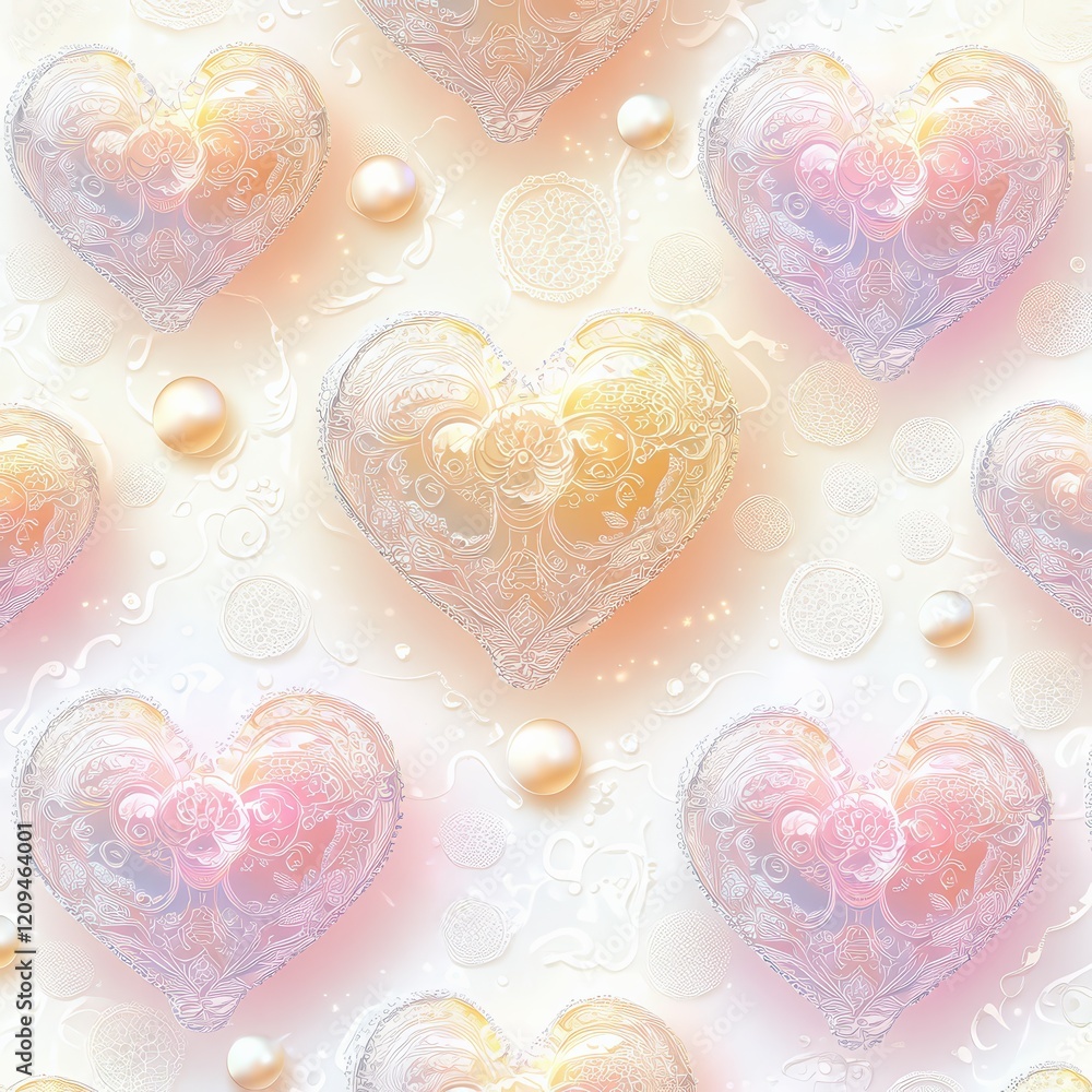 Poster pastel heart pattern: an array of translucent pastel-colored heart-shaped objects arranged in a repe