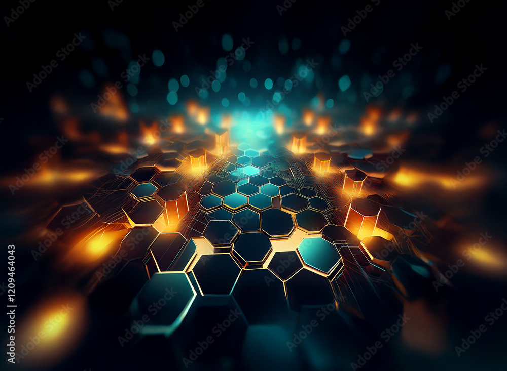 Poster a glowing path of hexagonal structures extends into a dark, abstract space. the hexagons are illumin