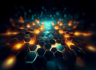 A glowing path of hexagonal structures extends into a dark, abstract space.  The hexagons are...