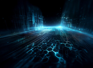 Abstract digital landscape. Glowing blue circuits and hexagons form a futuristic pathway extending into a dark horizon.  The scene evokes a sense of technological advancement and limitless possibiliti