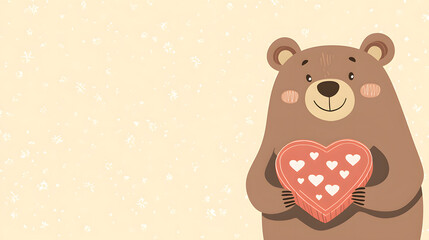 Fototapeta premium Cute cartoon bear holding heart shaped chocolate box, surrounded by soft background. Perfect for expressing love and affection
