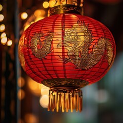 Obraz premium Elegant Red Lantern with Dragon Design Glowing in Dim Light