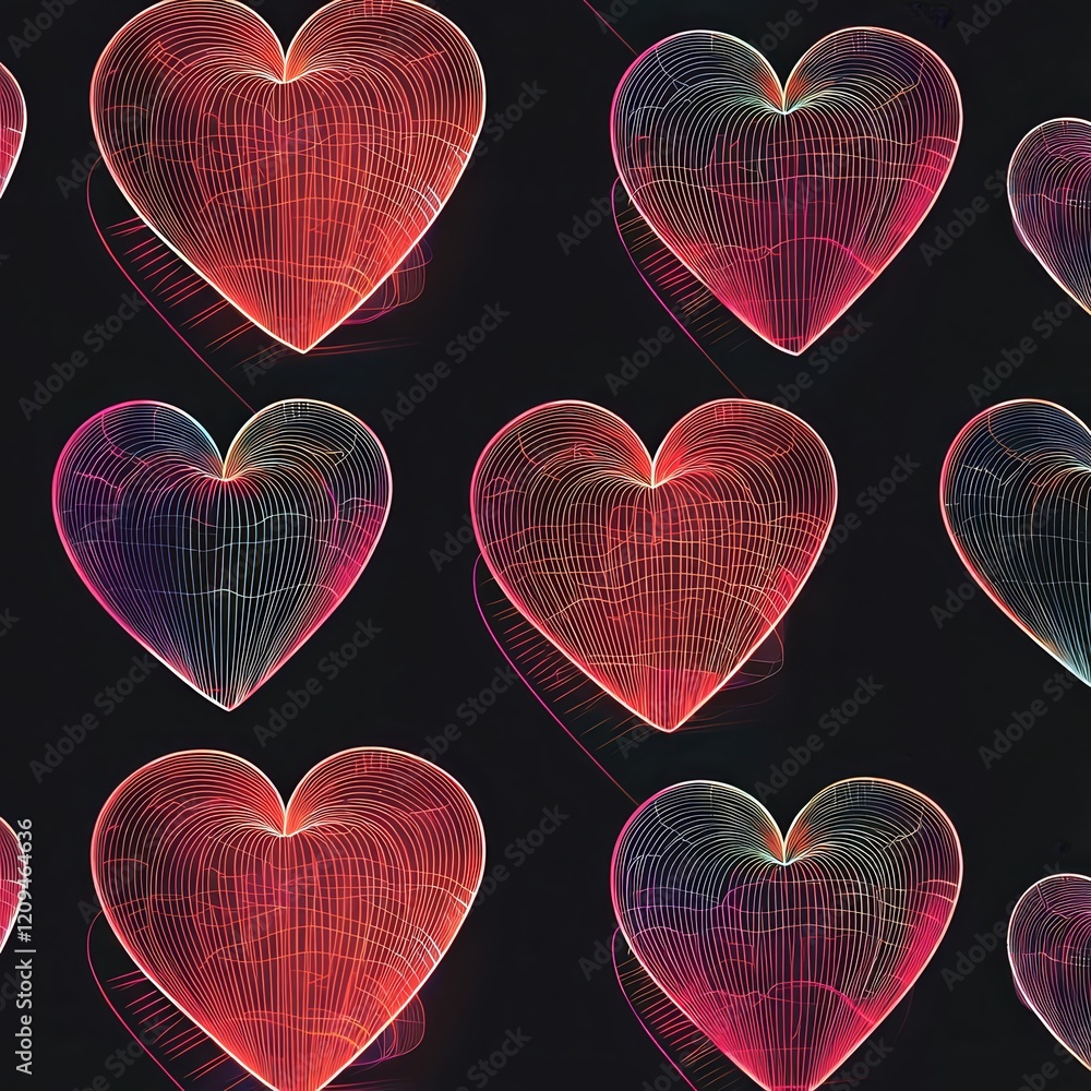 Poster heartfelt abstract: a mesmerizing pattern of iridescent, glowing hearts on a dark background. each h