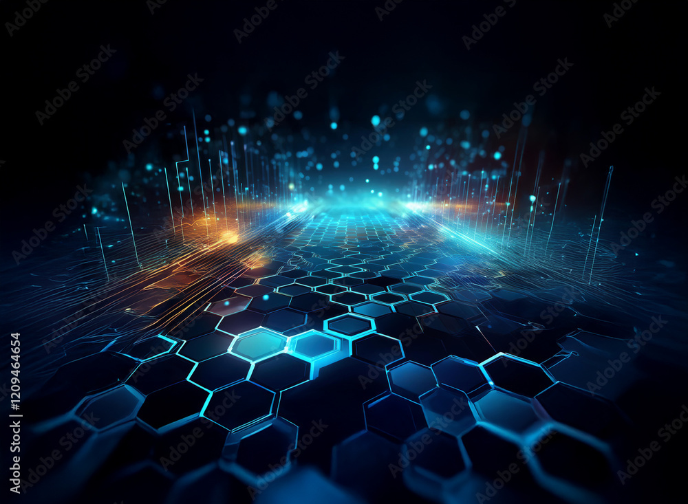 Poster Abstract digital landscape with glowing hexagons, vibrant energy streams, and data particles.  A futuristic technological scene.
