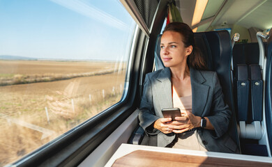 Rail transportation commuting. Businesswoman traveling by train.