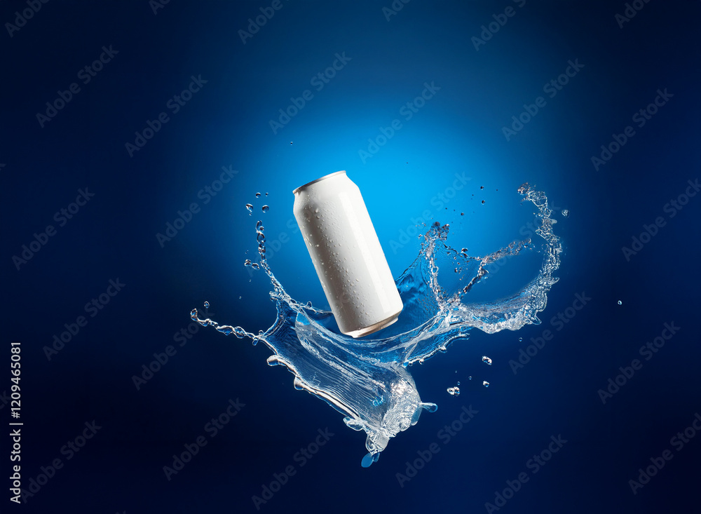 Poster a white aluminum can splashes into clear water against a deep blue background. the dynamic action cr